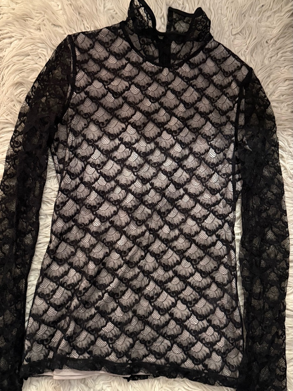 Diane Von Furstenberg Black Lace Long-Sleeve Sheer Mock Neck Dress Top